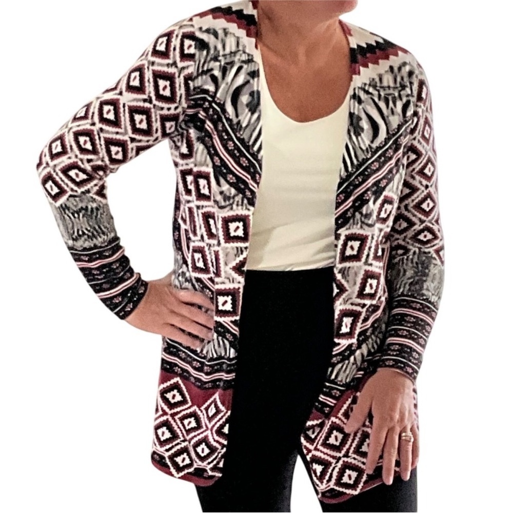 Chicos Multicolor Abstract Print  Linen Long Duster Open Front